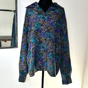 Vintage long sleeve button up Summit Place blouse stripes and flowers abstract